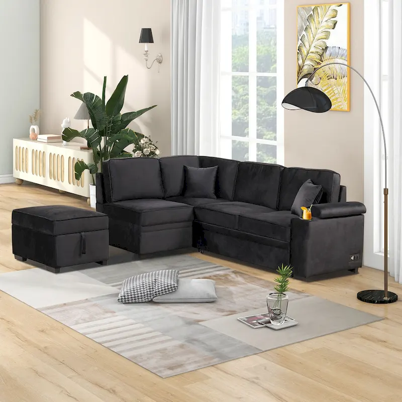 Linen 2 in 1 Pull Out sofa bed L-Shape Couch with Storage Ottoman and Cup Holder Sleeper Sofa Bed with Backrest and Pillows