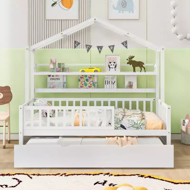 Whisen Twin size Wooden House Bed Frame, Kids Bed with Trundle, Shelf, Safe Guardrails