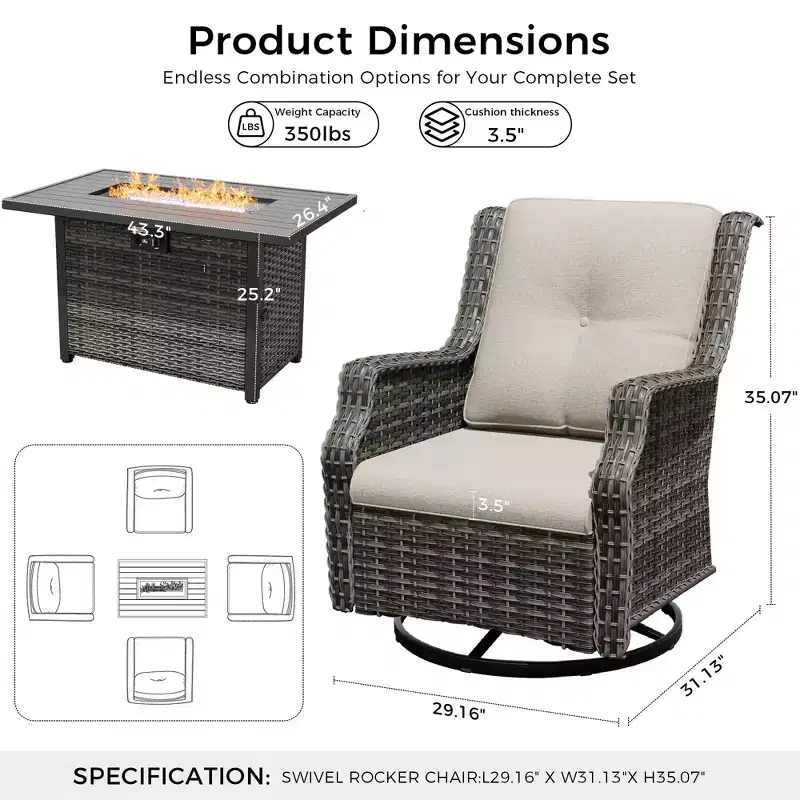 UPTIOT Outdoor Swivel Rocker Chairs with Fire Pit Set for Cozy Patio Gatherings