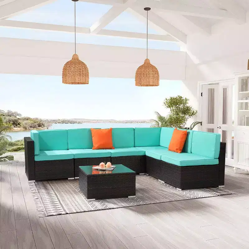 Karl Home Brown 7-Piece Wicker Sectional Set with Lake Blue Cushions