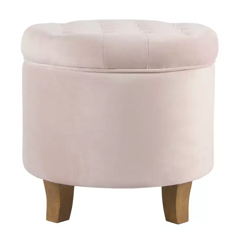 HomePop Velvet Tufted Round Storage Ottoman Pink Blush: Upholstered Footstool, Padded with Unhinged Lid