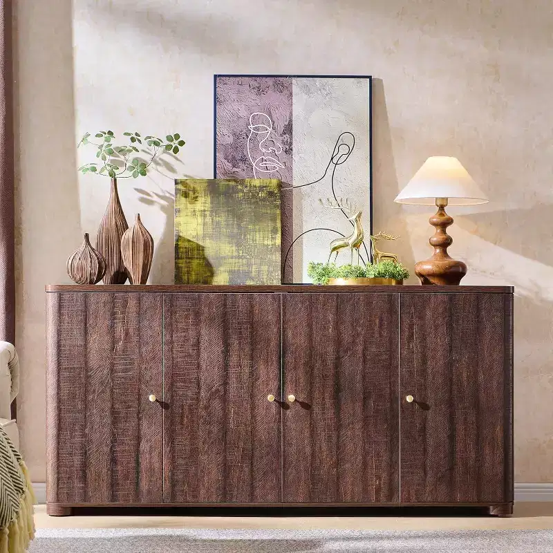 Kitchen Buffet Sideboard Cabinet with 4 Doors and Shelves, Modern Large Sideboard Buffet Storage Cabinet, 66 Coffee Bar Storage Cabinet