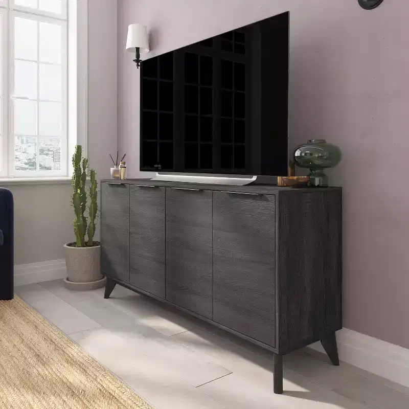 Emma and Oliver Mid-Century Modern Wooden Buffet with Soft Close Doors, Shelving and Sleek Tapered Legs with Protective Floor Glides