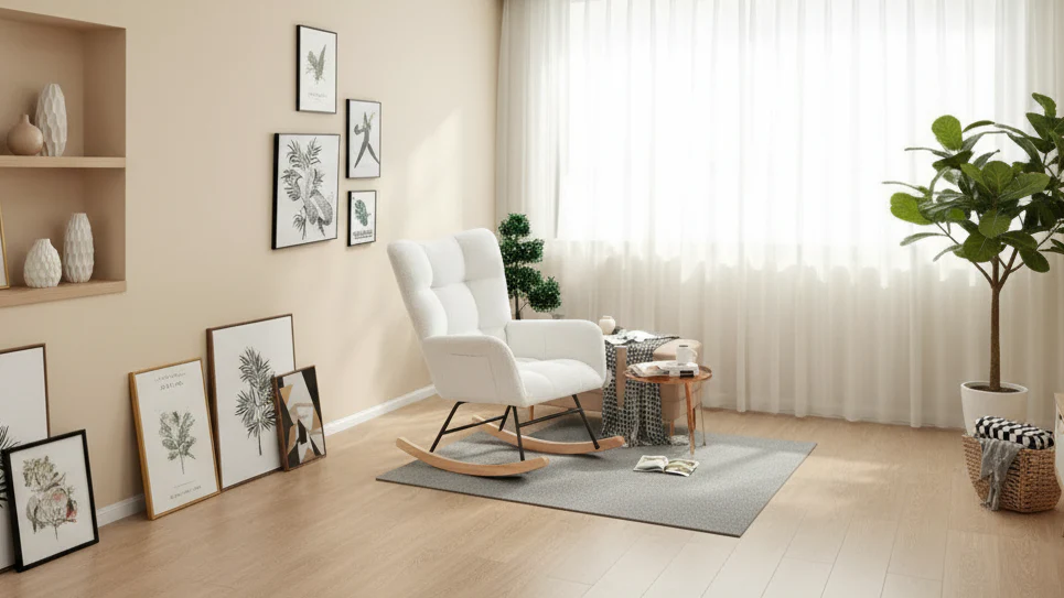 Upholstered Glider Rocking Chair with High Backrest and Side Pockets