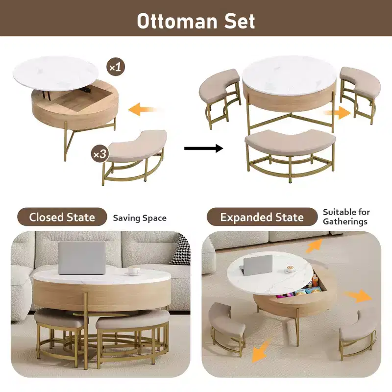 Modern Round Lift - Top Coffee Table with Storage & 3 Ottoman White & Natural