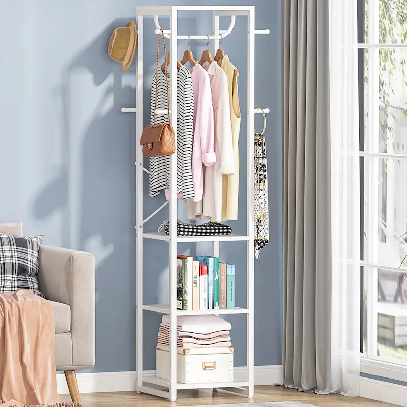 Freestanding Coat Rack with Shelves, 4 Shelves and 8 Hooks