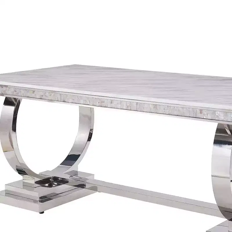Faux Marble Top Rectangular Dining Table with Silver Pedestal Base, Seats 6, White