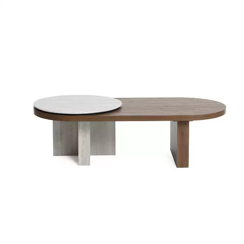 Travertine-Style and Walnut Finish MDF Wood Oval Coffee Table Brown