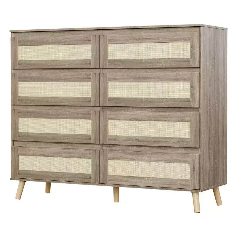 8-Drawer Rattan Dresser, Natural Finish Wooden Storage Cabinet