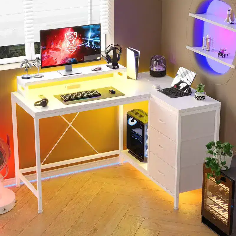 L Shaped Home Office Desk, Storage Shelves Gaming Computer Desk with Drawers & Shelves for Home Office