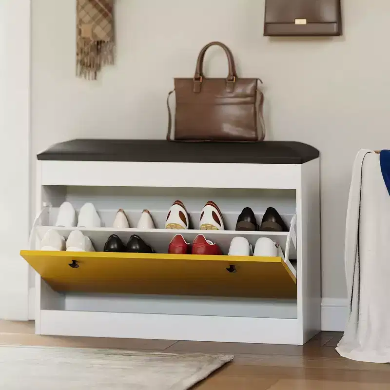 Modern Entryway Shoe Cabinet, Shoe Storage Bench, Flip Drawer and Seat Cushion, , Bedroom, Living Room,White + Yellow