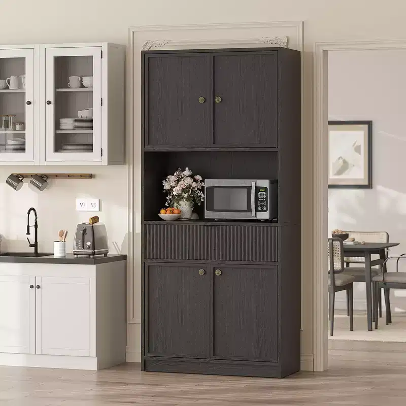 70 Tall Kitchen Pantry Cabinet, Fluted Wooden Cupboard Storage Cabinet with Adjustable Shelves, Freestanding Bathroom Storage Cabinet
