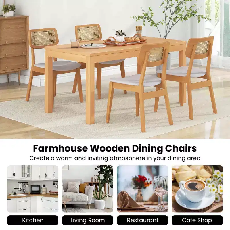 Costway Wooden Rattan Dining Chair Set of 2/4 with Can Back Rubber Wood Frame Padded Seat