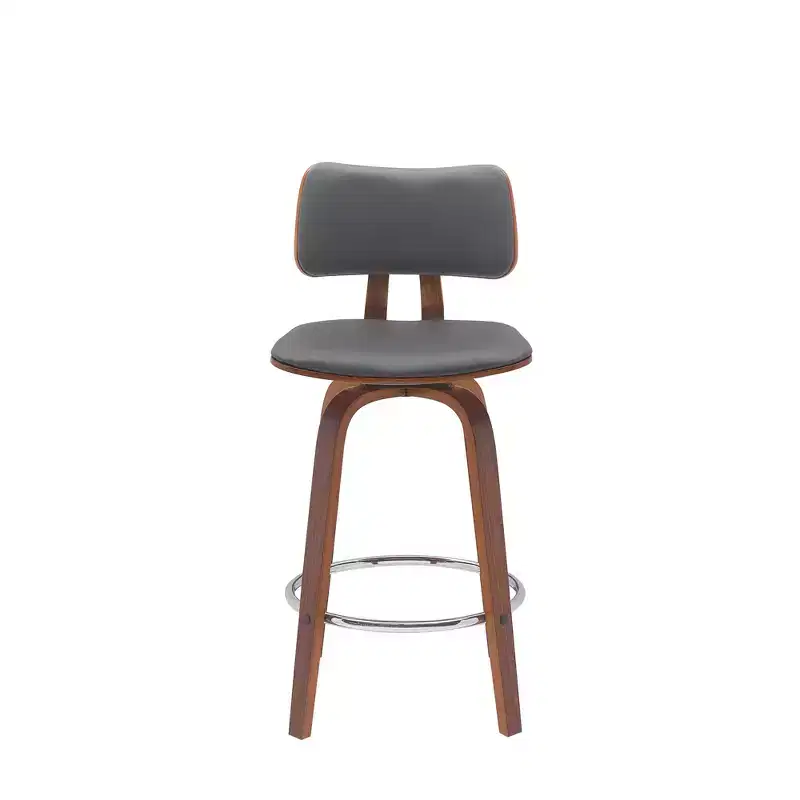 HomeRoots 26 Gray And Wood Brown Faux Leather Swivel Low Back Counter Height Bar Chair