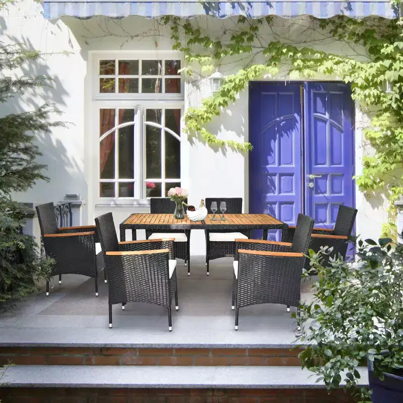 Karl Home Black 7-Piece Wicker Acacia Wood Outdoor Dining Set with Beige Cushion