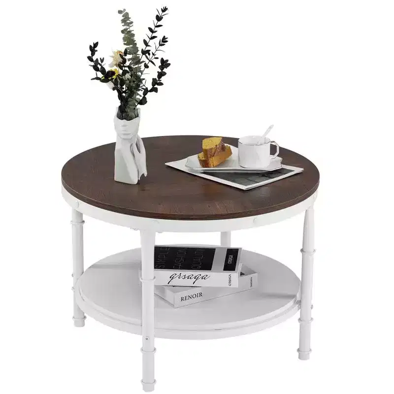 Vintage Brown Round Farmhouse Coffee Table, 2-Tier Storage