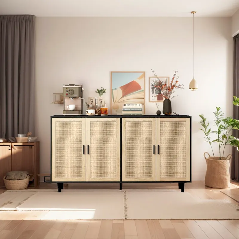 4-Door Rattan Storage Cabinet with Solid Wood Legs