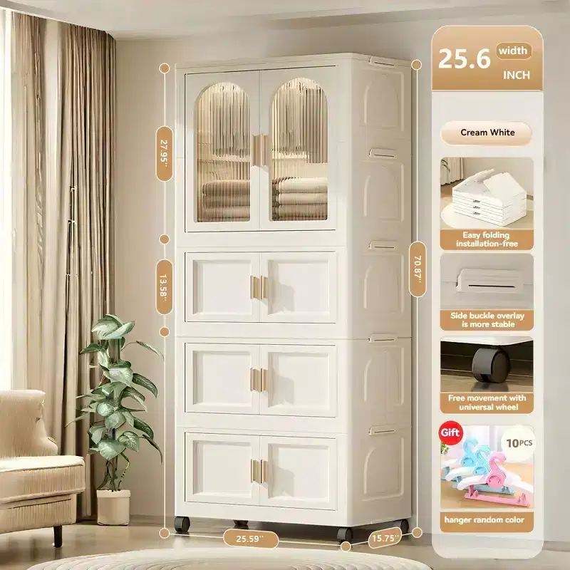 25.59 Side Wide Folding Wardrobe , 25.5915.7570.87 , with Magnetic Door, Plastic Storage Cabinet with Wheels