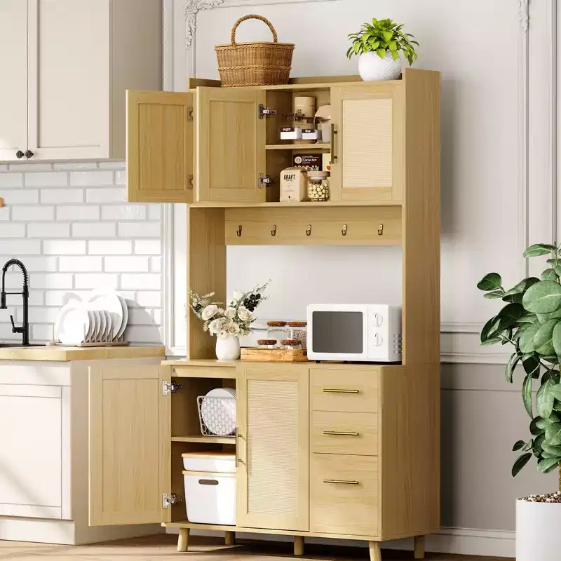 71 Rattan Kitchen Pantry Storage Cabinet, Buffet Cabinet with Microwave Stand, Adjustable Shelves and 6 Hooks Natural