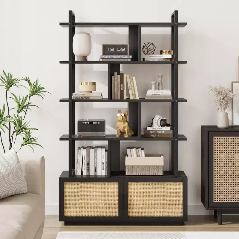 5-Tier Bookshelf with Storage Cabinet and Door, 71.1 Inch Tall, Metal Frame