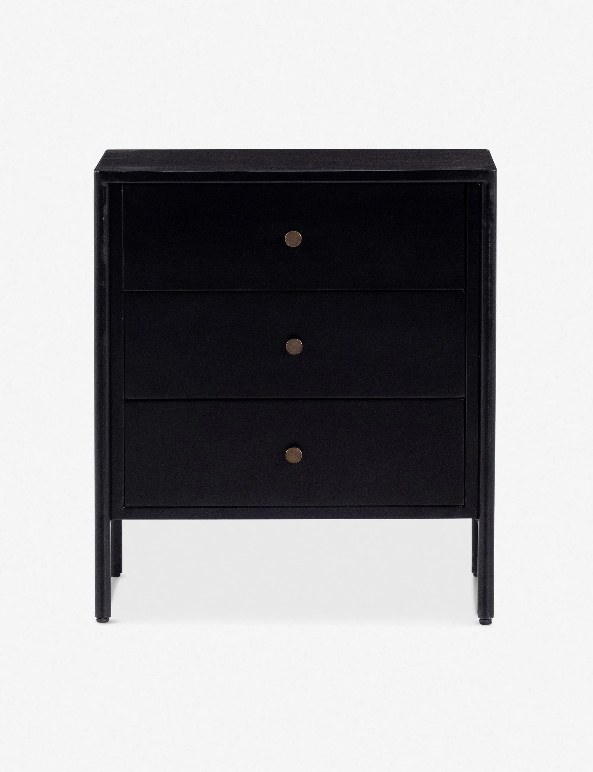 Nightstand Black-finished iron set in a refined profile and fitted with bronzed iron hardware to evoke a clean, polished industrial look with