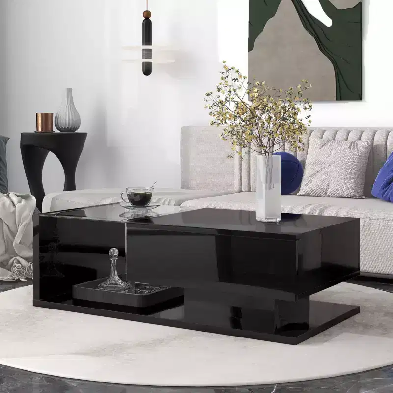 39.3 Coffee Table With Drawer, Tempered Glass, High-Gloss UV Surface Square Wooden Cocktail Table, Household Side End Table