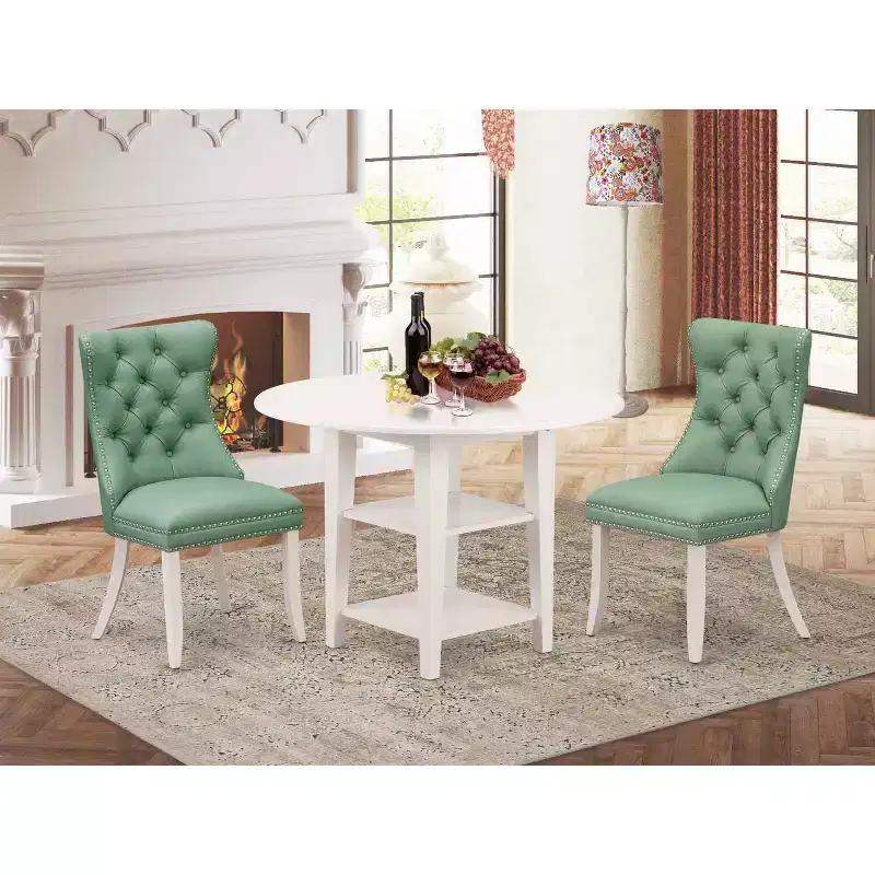 3-Pc Linen White Finish Round Solid Wood Top with Dropleaf Dining Table