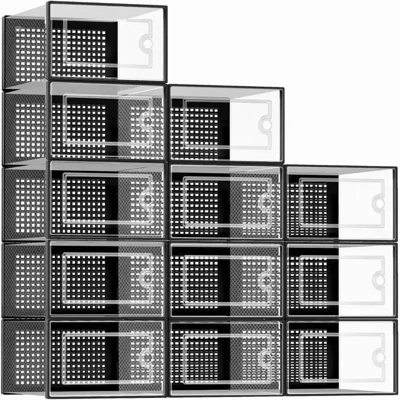 12 PCS Shoe Organizer, Clear Plastic Stackable Shoe Organizer for Closet, Clear Plastic Stackable Shoe Box for Entryway Space Saving Collapsible