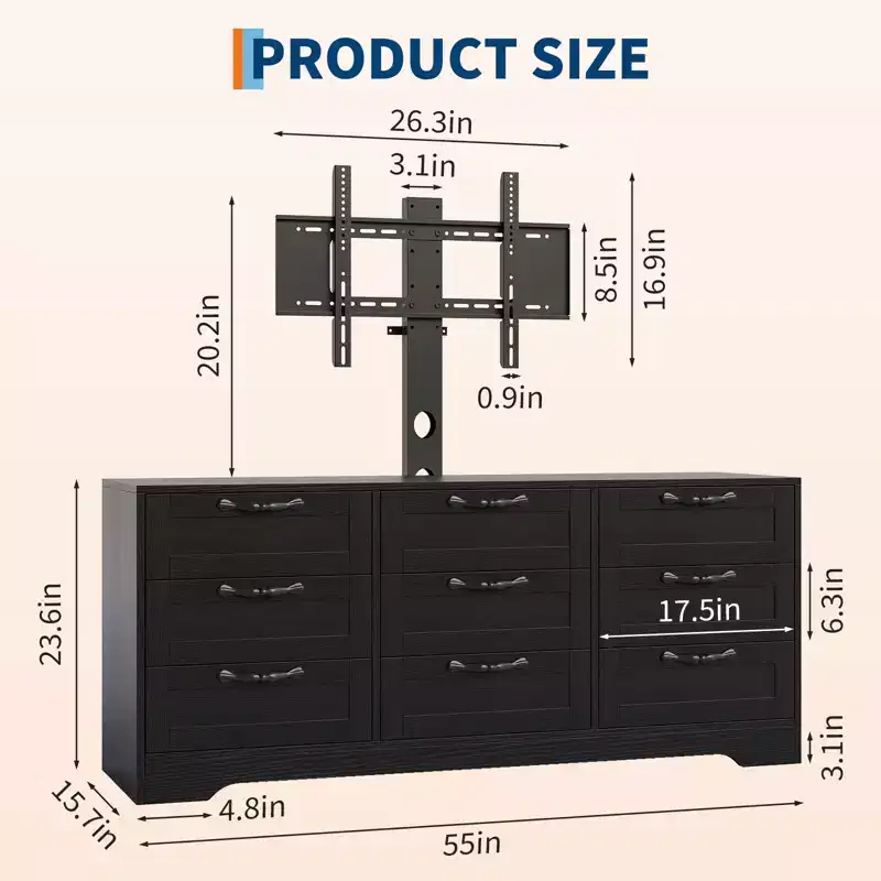 55 in Dresser TV Stand - Mount (32-85 in TVs), 9 Drawers, Modern Wooden Entertainment Center for Living Room Bedroom Apartment