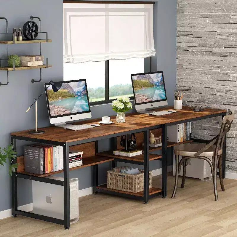 Double Desk with Bookshelf, 78.7