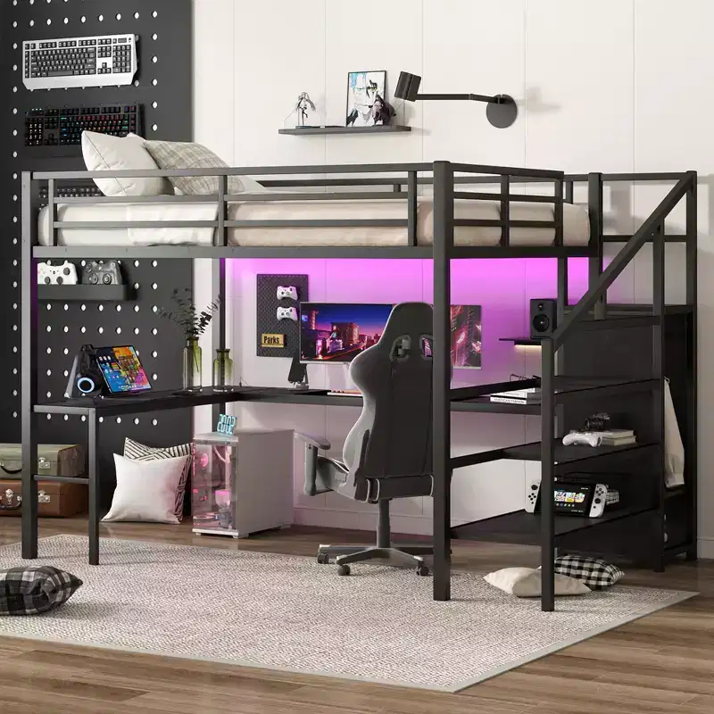 Queen Loft Bed with L-Shaped Desk, Wardrobe, USB Port & LED, Metal Frame with Storage Stairs