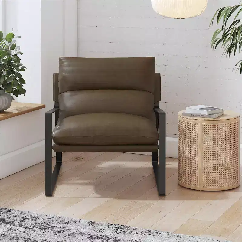 GDFStudio Marlow Faux Leather Upholstered Sling Accent Chair with Metal Frame