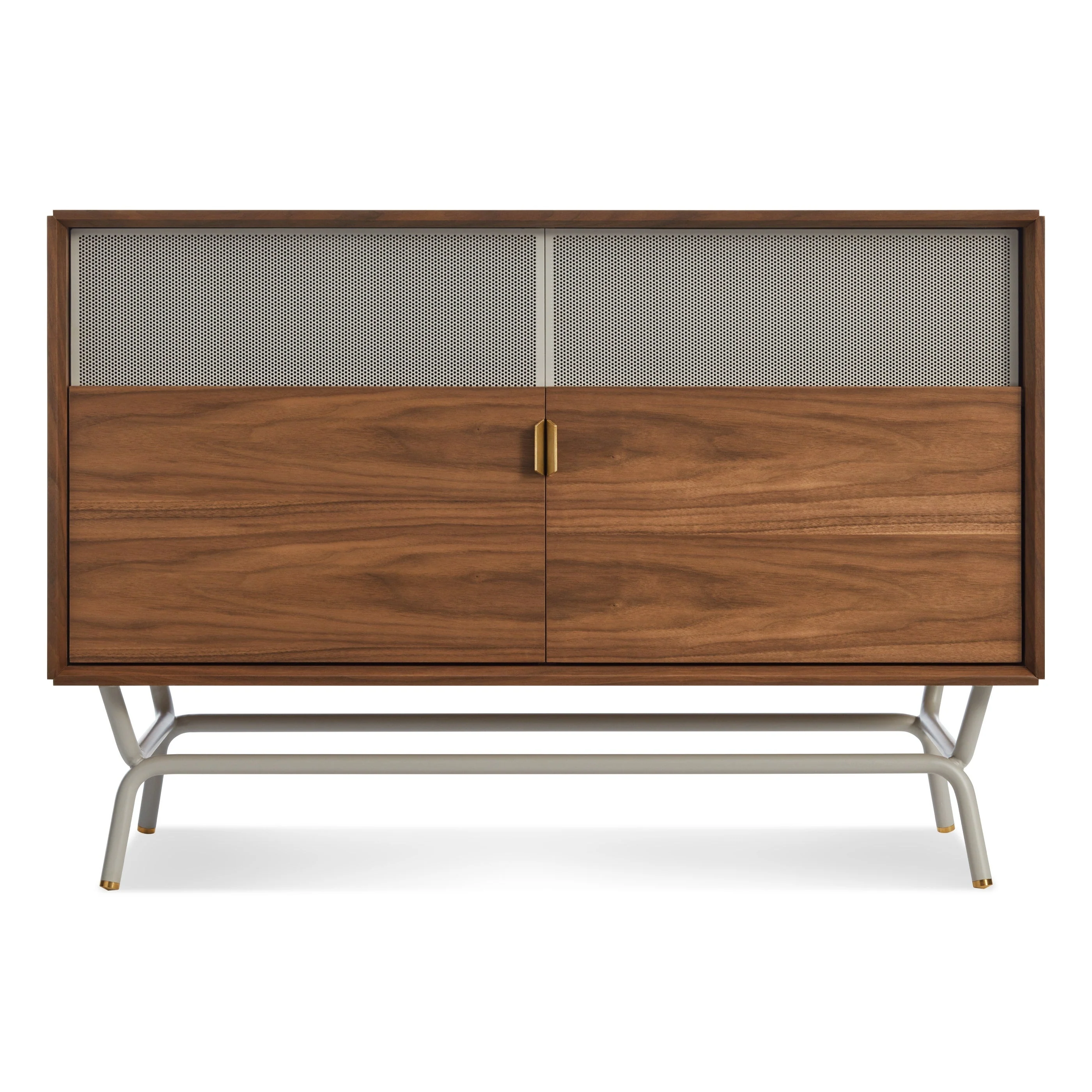 Modern Grey Steel Media Console with Perforated Doors for Living Room