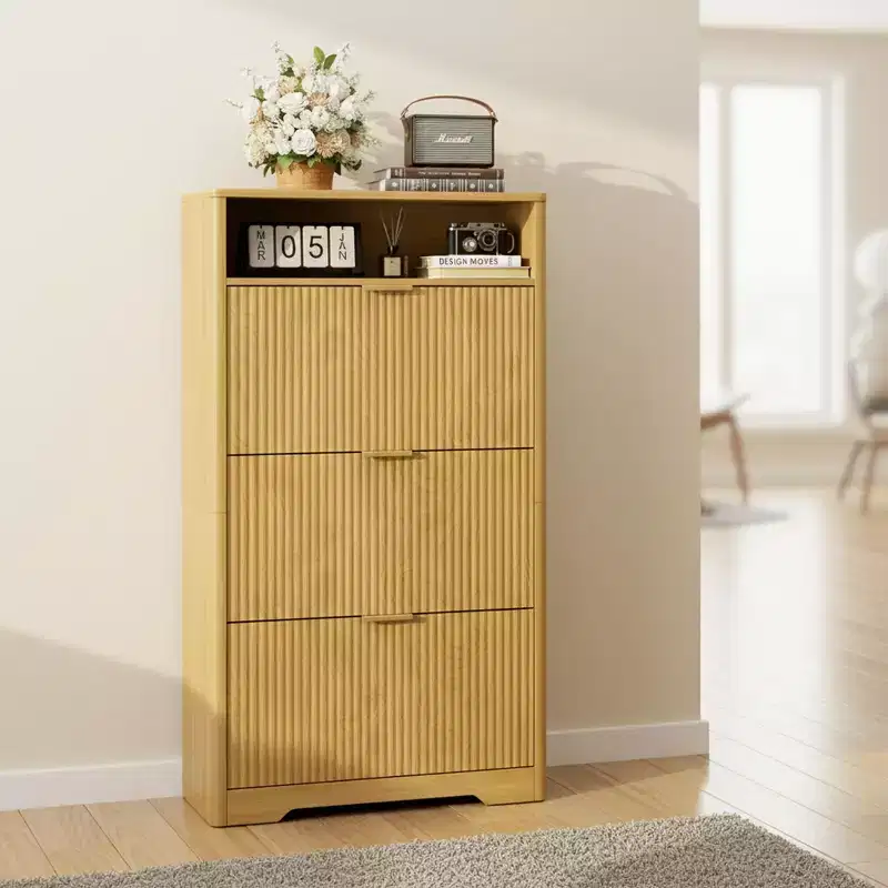3-Tier Shoe Cabinet with Flip-Down Doors and Open Shelf