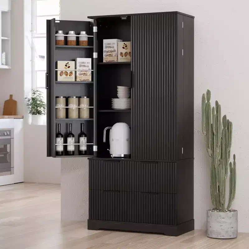 Black/White Fluted Double-Door Kitchen Pantry Cabinet with 2 Drawers