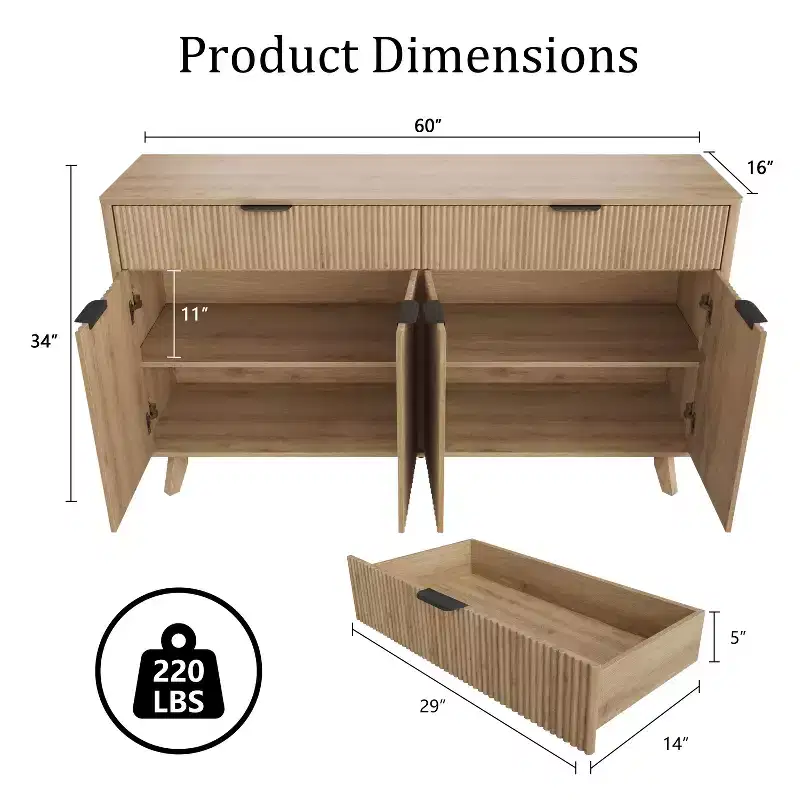 Buffet Sideboard, 2 Drawers, 4 Doors, Adjustable Shelves, Storage, for Home, Living Room