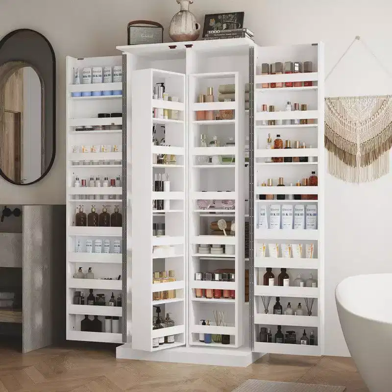 Modern Double-Door Vanity Cabinet with Rotating Storage, Makeup Organizer