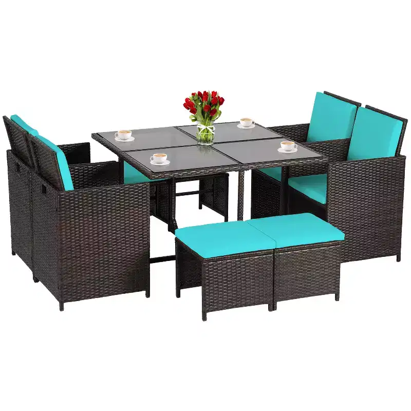 FDW Patio Dining Set Space-Saving 9-Piece Outdoor Patio Furniture Set with Glass-Topped Table