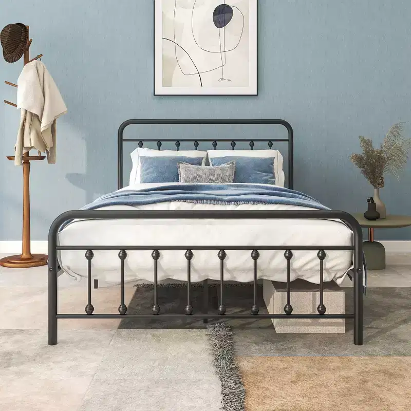 Queen/Full/Twin Size Metal Platform Bed Frame with Vintage Headboard and Slat Support, Black -ModernLuxe