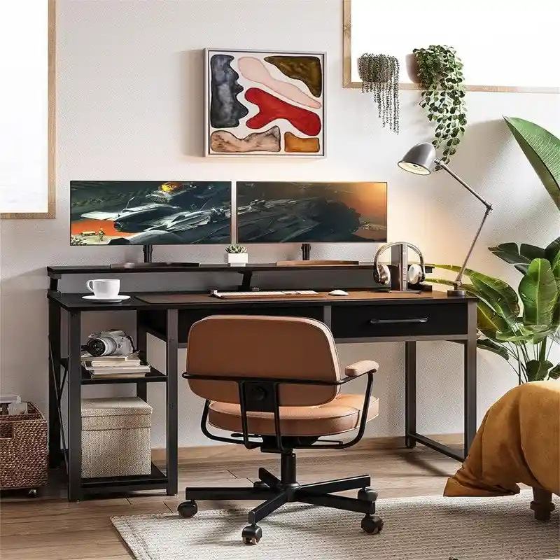 Wood & Metal Computer Desk with Drawers 48