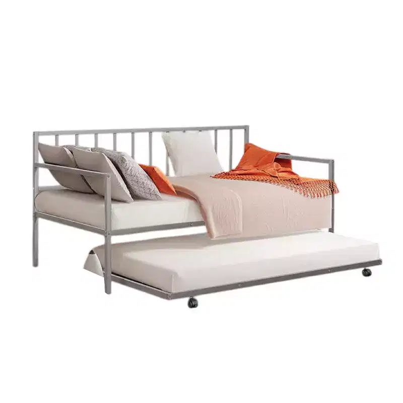 Daybed with Pull Out Trundle, Silver Slatted Open Metal Frame
