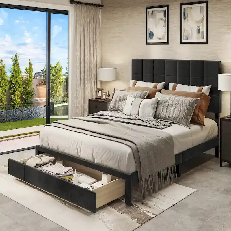 Square Velvet Upholstered Headboard Platform Bed Frame With End of Bed Storage Box