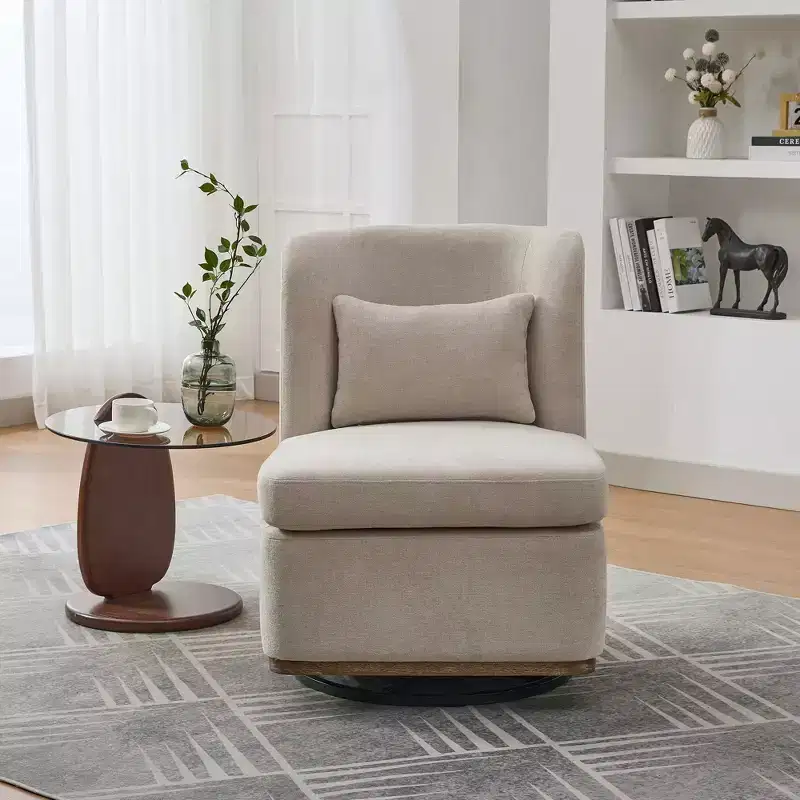 25.2 Modern Chenille Swivel Chair,Chair with Pillow,Pocket Spring Cushion,Metal Base,Armless Accent Chair for Living Room,Office,Lounge