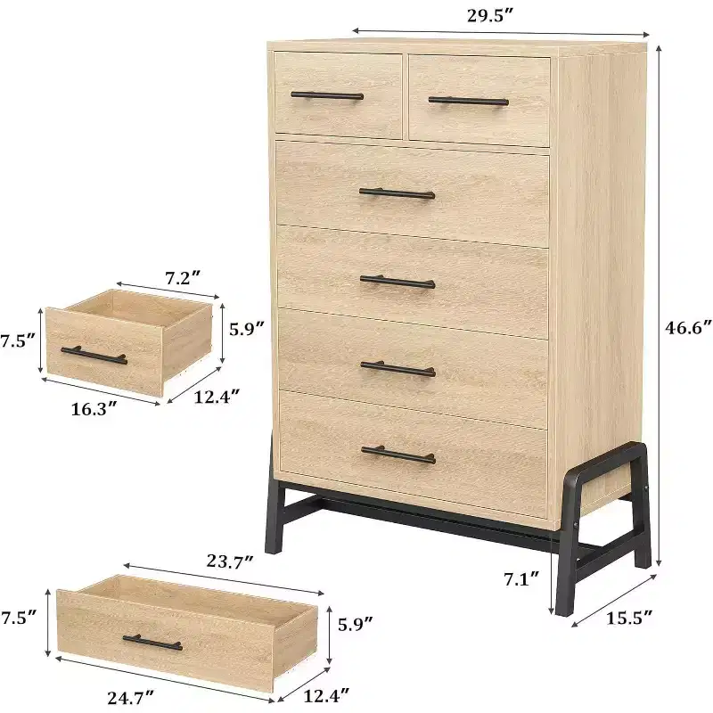 Acekool 46.6 Tall 4+2 Drawer Dresser - Robot Vacuum Friendly Storage, Natural Oak Finish for Bedroom & Entryway
