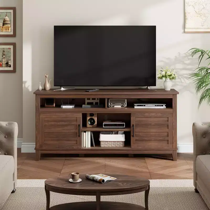Modern 65 Inch Farmhouse Wood TV Stand,Entertainment Center Console Table, Open Double Door Cabinet & 8 Storage Shelves