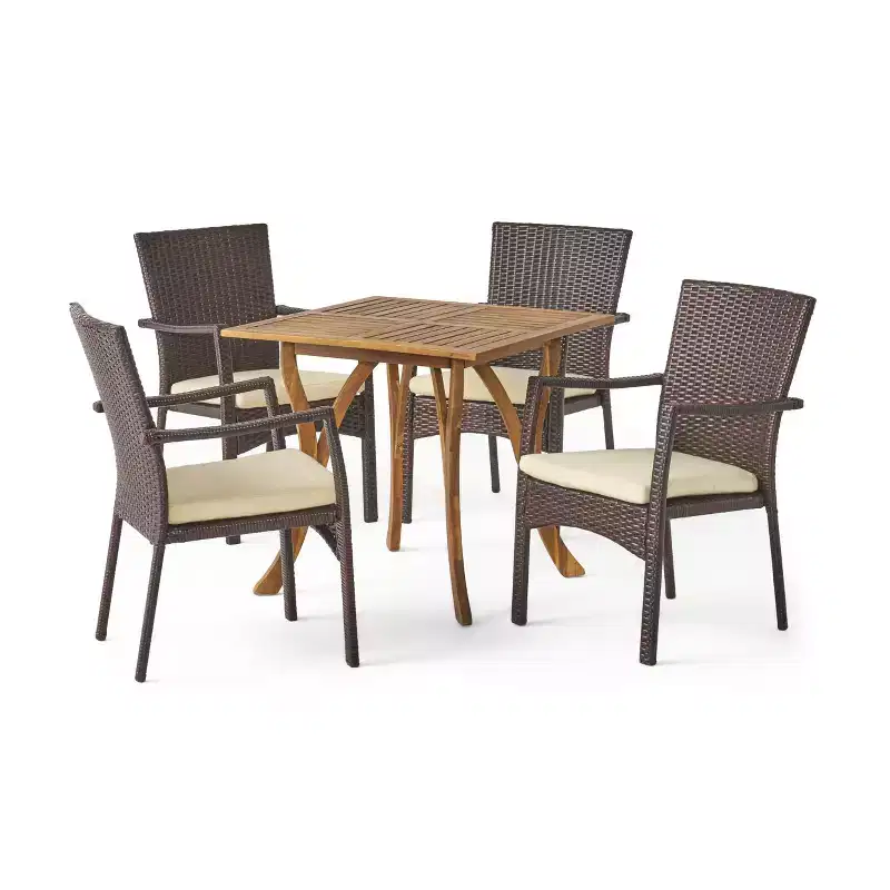 Christopher Knight Home Ferris Outdoor Acacia Wood and Wicker 5 Piece Dining Set with Cushions