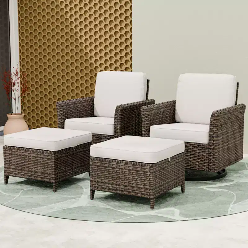 EAGLE PEAK Ocean Vista 4 piece Wicker Outdoor Patio Seating Set, Variated Wicker Conversation Swivel Chairs Set with Cushions