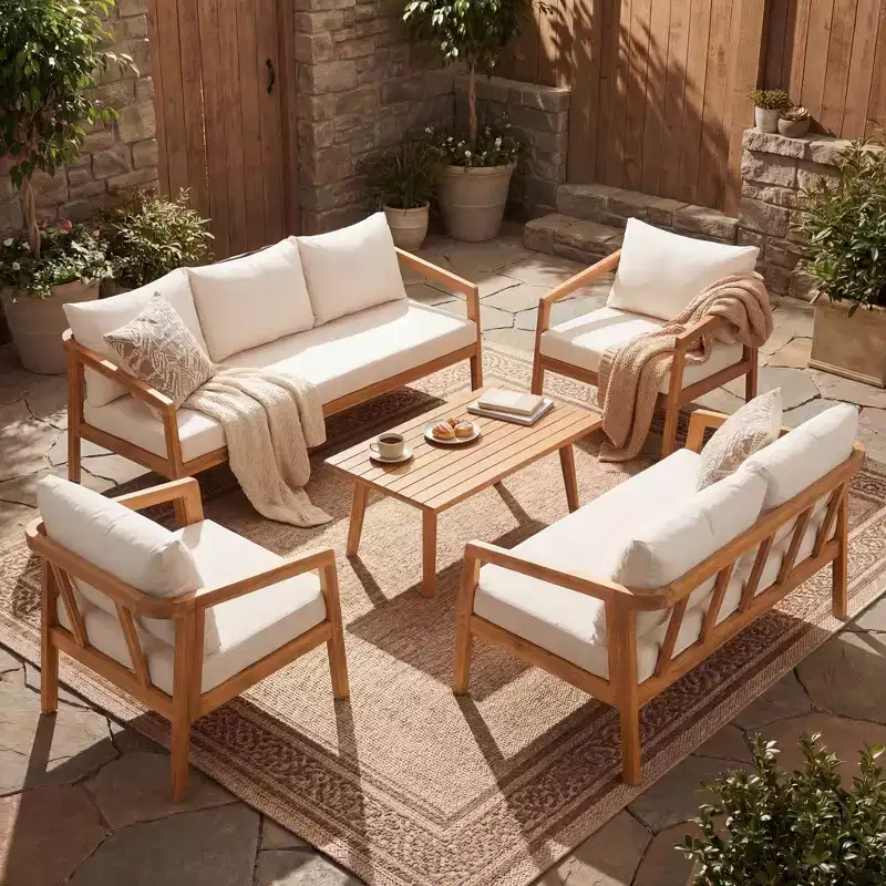 Christopher Knight Home Sunny Modern 5 Piece Acacia Seating Set with Rectangular Slatted Table and 7 Seaters