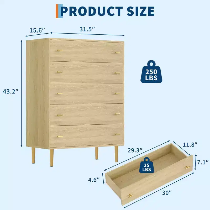 5 Drawer Dresser for Bedroom, 43''H Chest of Drawers with Bar Handles, Storage Dresser Organizer, Dresser Narrow Nightstand for Bedroom
