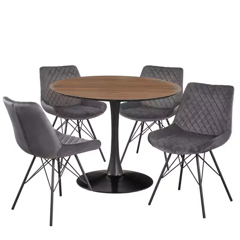 angelo:HOME 5pc Kavitt Dining Set Walnut: Modern Upholstered Chairs, Metal Frame, Pedestal Table